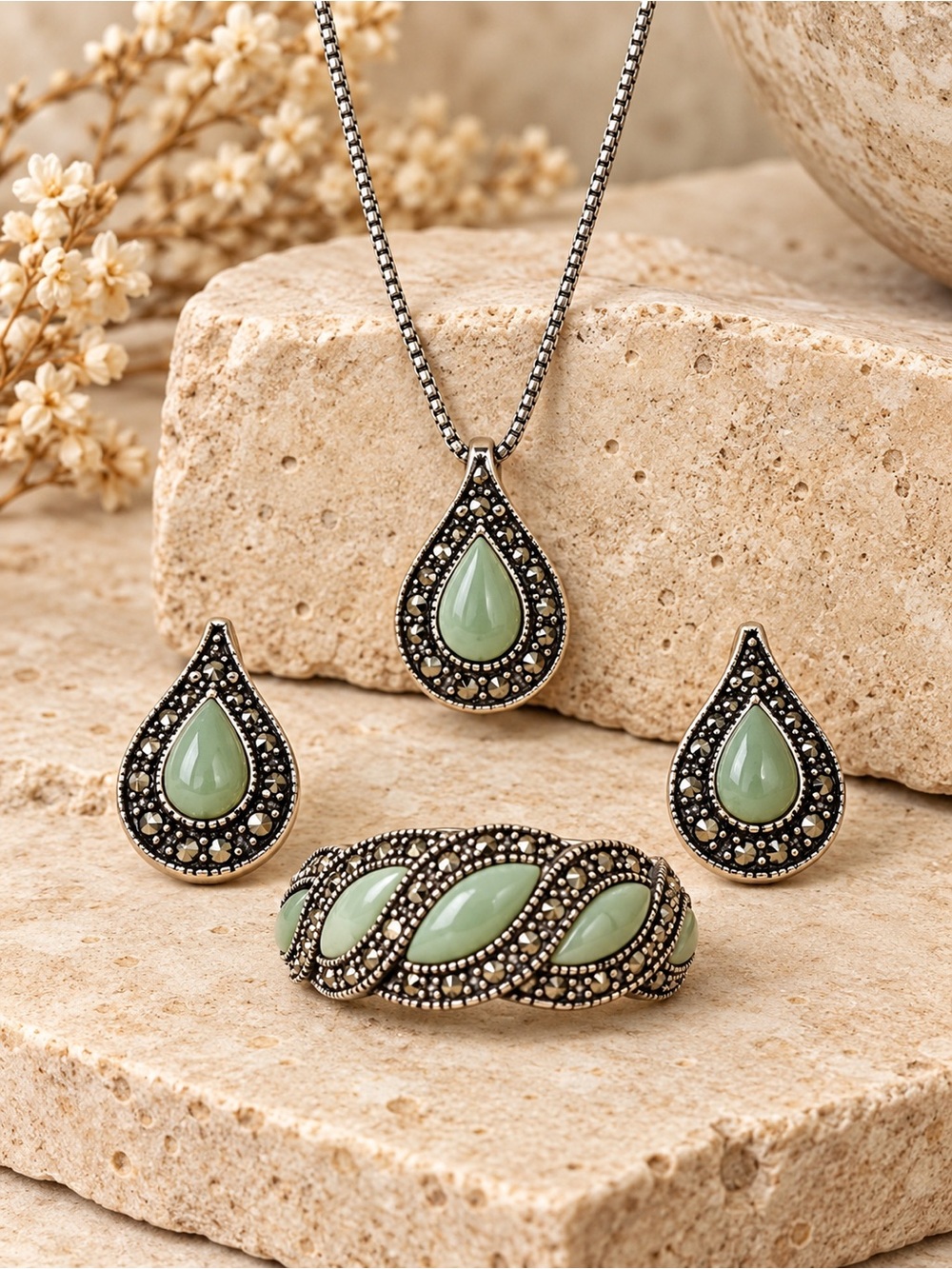 STERLING SILVER HEMATITE GREEN TURQUOISE 3 PIECE SET NECKLACE EARRINGS RING